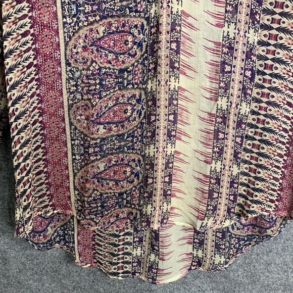 Lucky Brand Semi Sheer Top Pull Over Dark Paisley Striped Scarf Print Hi Low - Picture 3 of 10